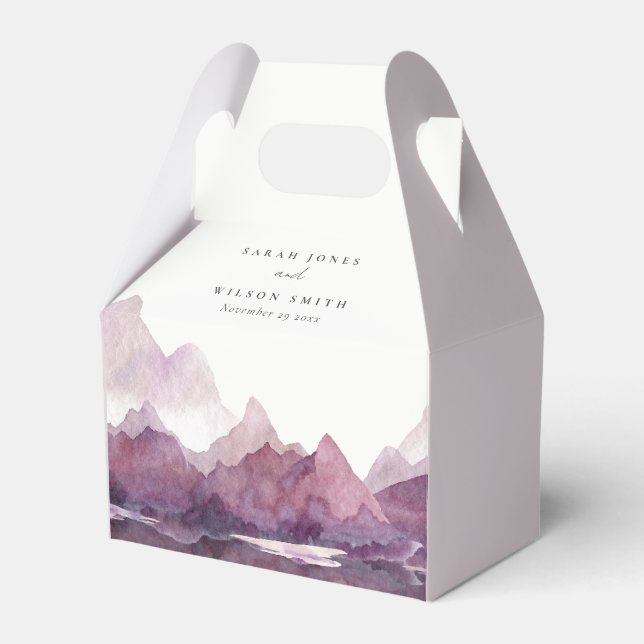 Purple Lilac Watercolor Mountain Lake Wedding Favour Box (Front Side)