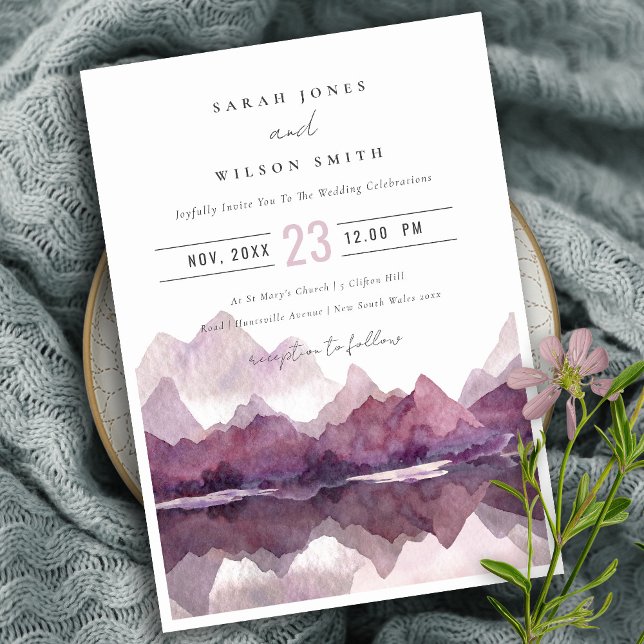 Purple Lilac Watercolor Mountain Lake Wedding Invitation (Creator Uploaded)