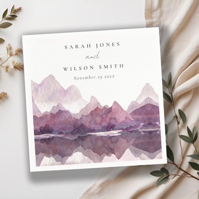 Purple Lilac Watercolor Mountain Lake Wedding Napkin (Creator Uploaded)