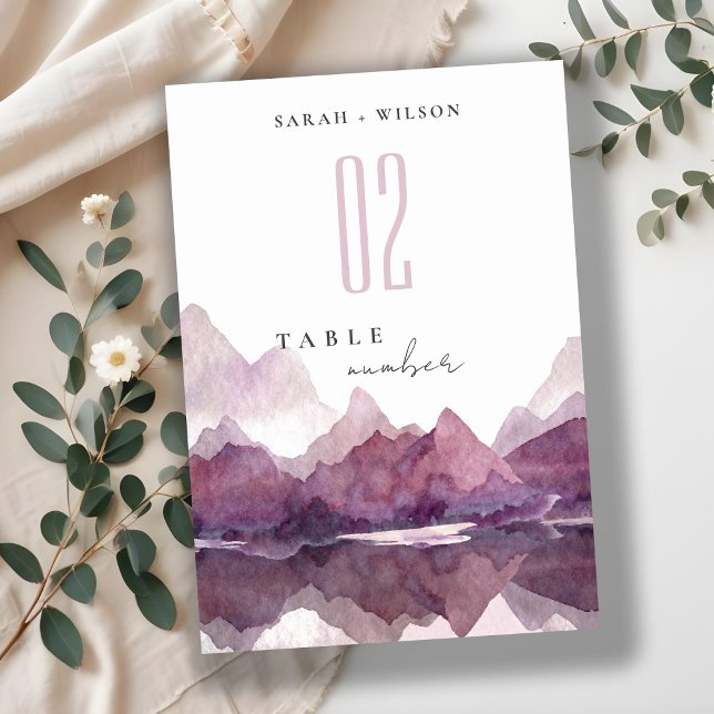 Purple Lilac Watercolor Mountain Lake Wedding Table Number (Creator Uploaded)