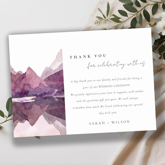Purple Lilac Watercolor Mountain Lake Wedding Thank You Card (Creator Uploaded)