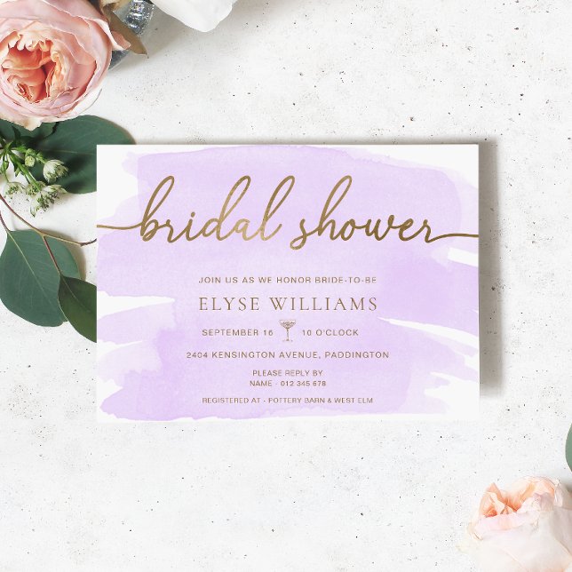 Purple Lilac Watercolour Gold Bridal Shower Invitation (Bridal Shower Invitation Purple Watercolour Gold )