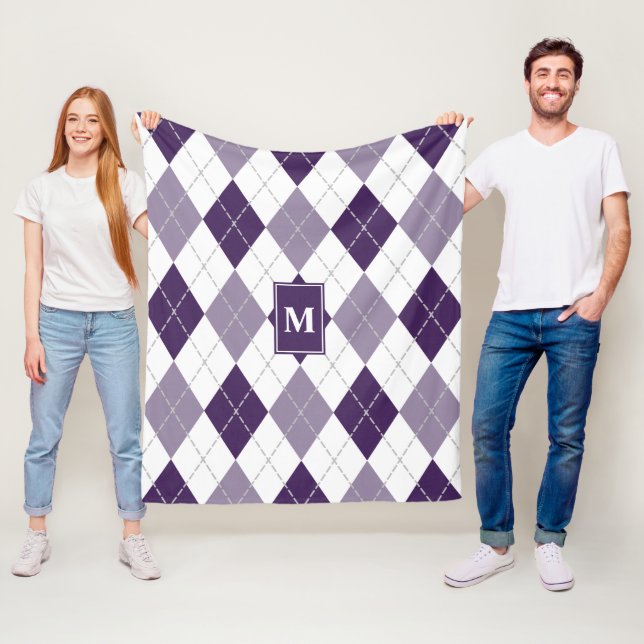 purple lilac white argyle plaid monogrammed fleece blanket (In Situ)
