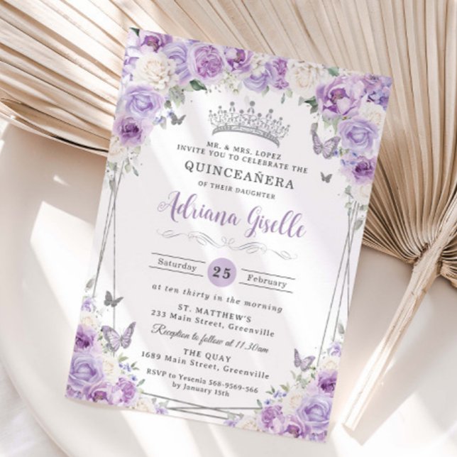 Purple Lilac White Floral Silver Quinceañera XV 16 Invitation (Creator Uploaded)