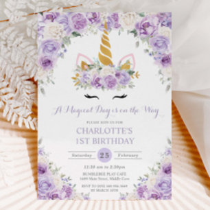 Purple Lilac White Floral Unicorn 1st 2nd Birthday Invitation