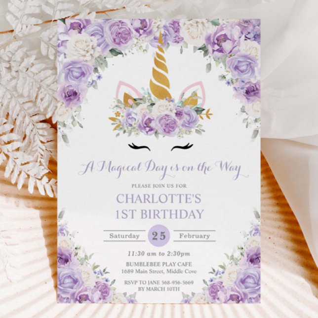 Purple Lilac White Floral Unicorn 1st 2nd Birthday Invitation (Creator Uploaded)