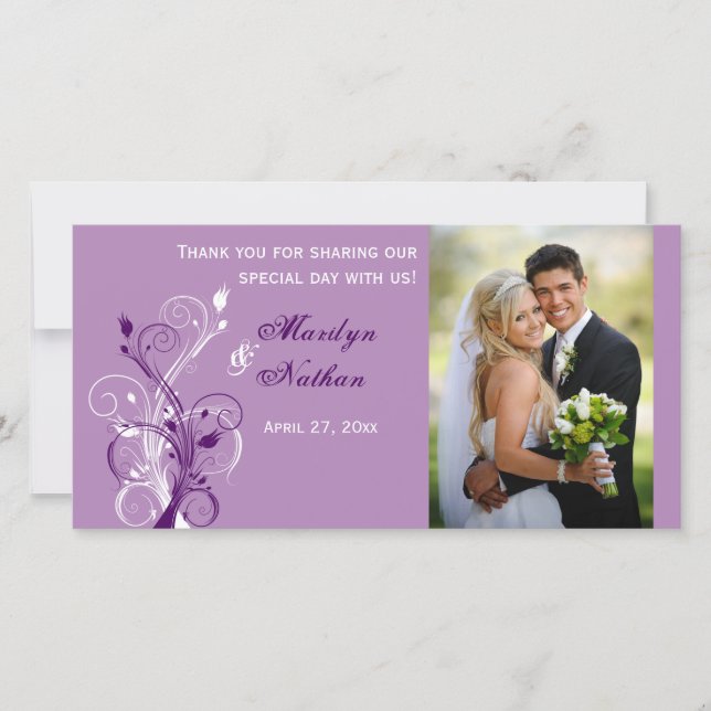 Purple, Lilac, White Floral Wedding Photo Card (Front)