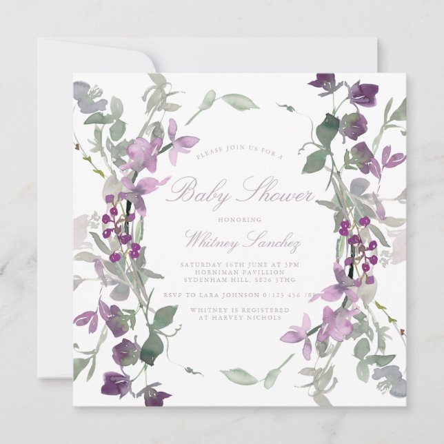 Purple & Lilac Wildflowers Square Baby Shower Invitation (Front)