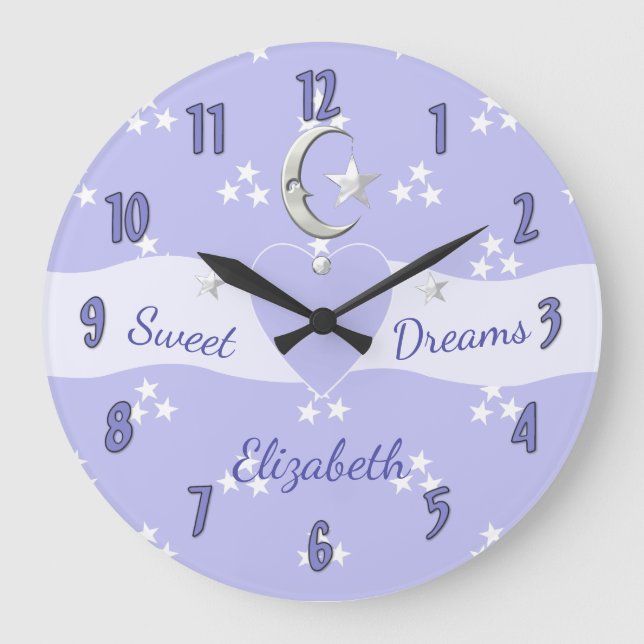 Purple lilac with moon stars and baby name large clock (Front)