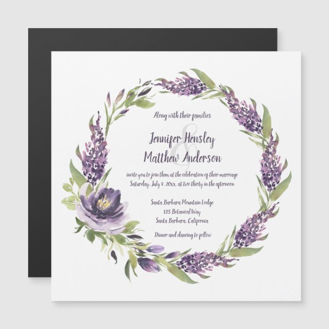 Purple Lilacs and Peonies Floral Wreath Wedding | Magnetic Invitation (Front/Back)