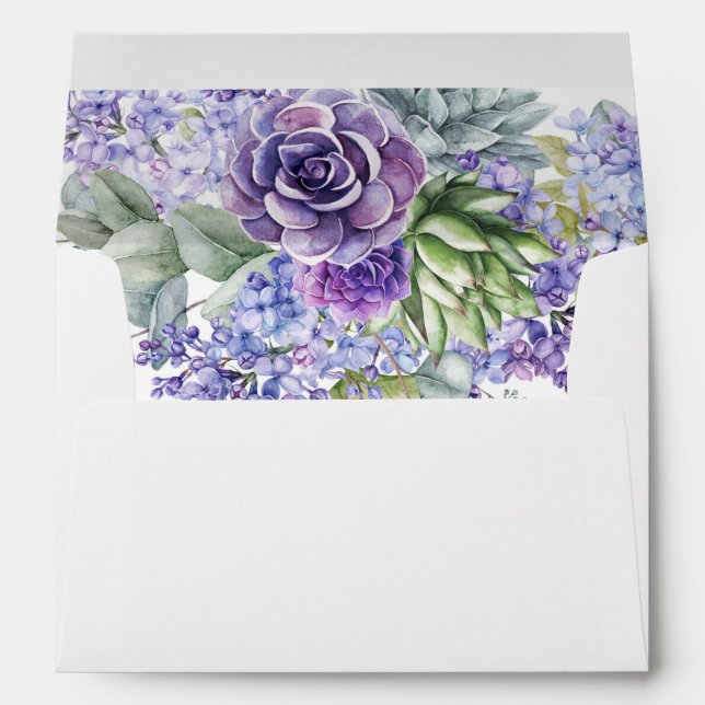 Purple Lilacs & Succulents, Eucalyptus DIY Wedding Envelope (Back (Bottom))