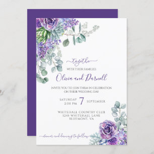 Purple Lilacs & Succulents, Eucalyptus DIY Wedding Invitation