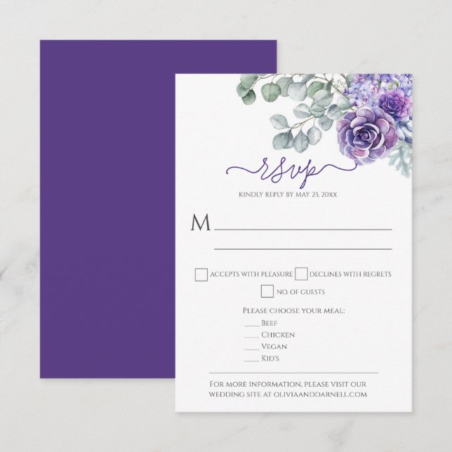 Purple Lilacs & Succulents, Eucalyptus DIY Wedding RSVP Card (Front/Back)