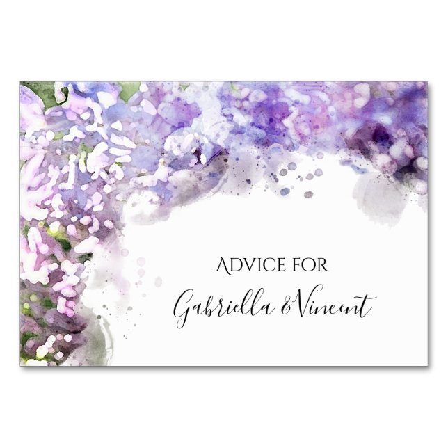 Purple Lilacs Watercolor Wedding Advice Cards (Front)