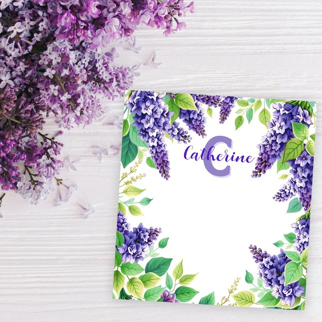 Purple Lilacs with Green Leaves Name and Monogram Notepad (Creator Uploaded)