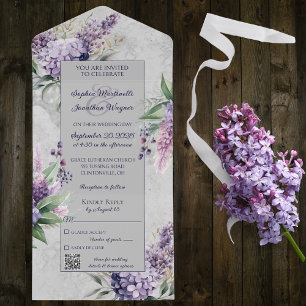Purple Lilacs with Heather on Grey with QR Code  All In One Invitation