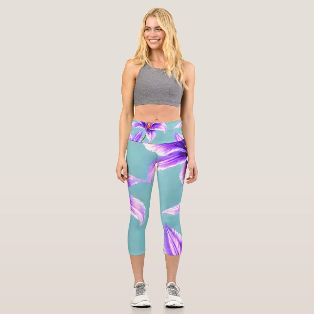Purple Lilly of the Valley Pattern  Capri Leggings (Front)