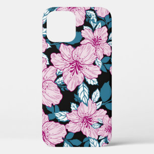 Purple lily, blue leaf background. iPhone 12 case
