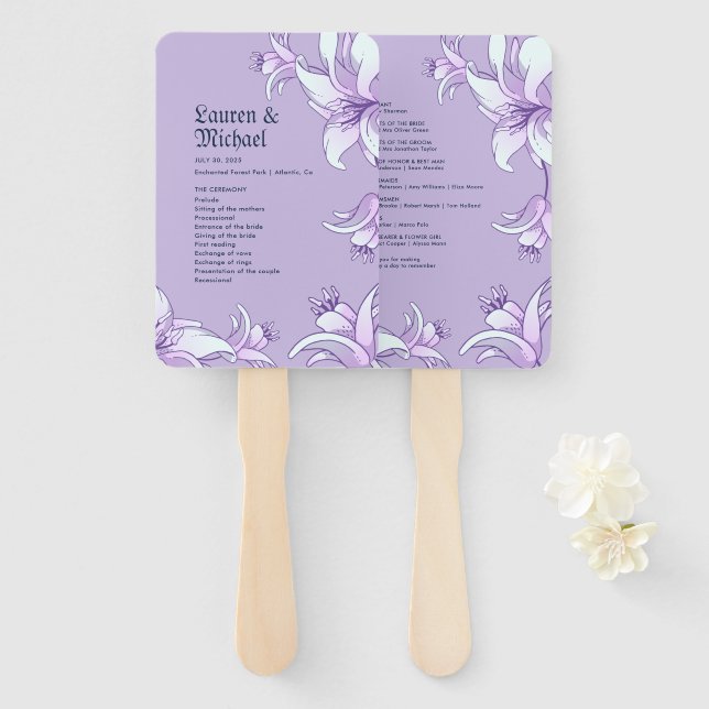 Purple Lily Flower Floral Spring Wedding Program Hand Fan (Front and Back)