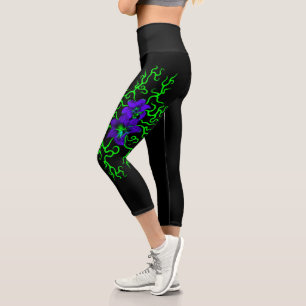 Purple Lily Flower on black Capri Leggings
