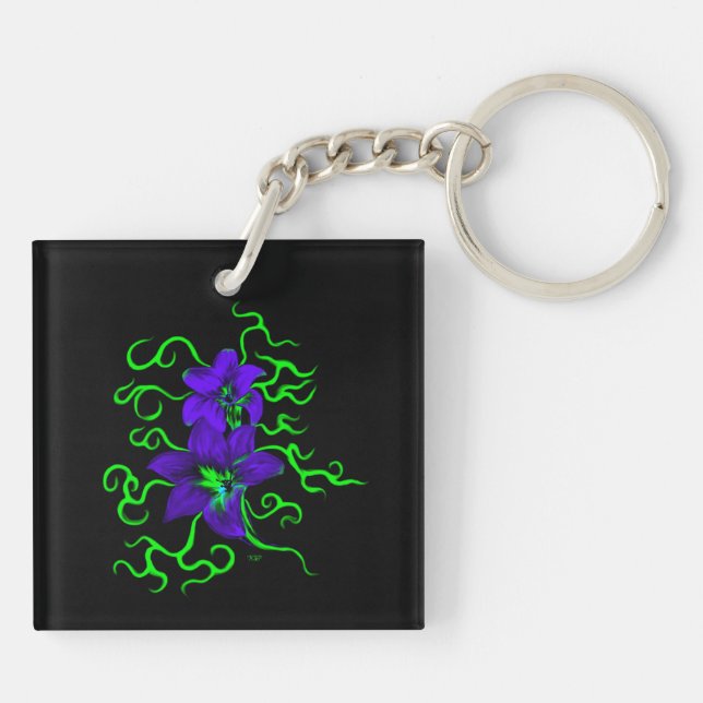 purple lily flower on black key ring (Back)