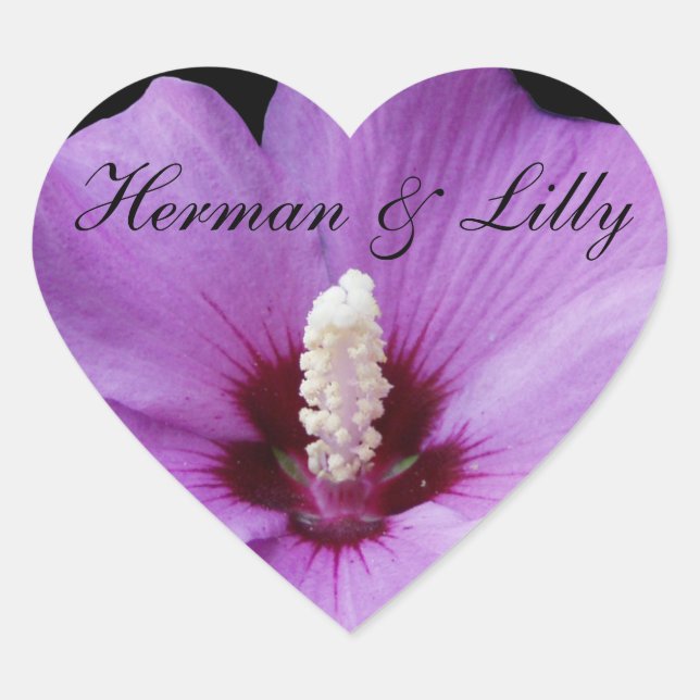 Purple Lily Up Close Personalised Wedding Heart Sticker (Front)