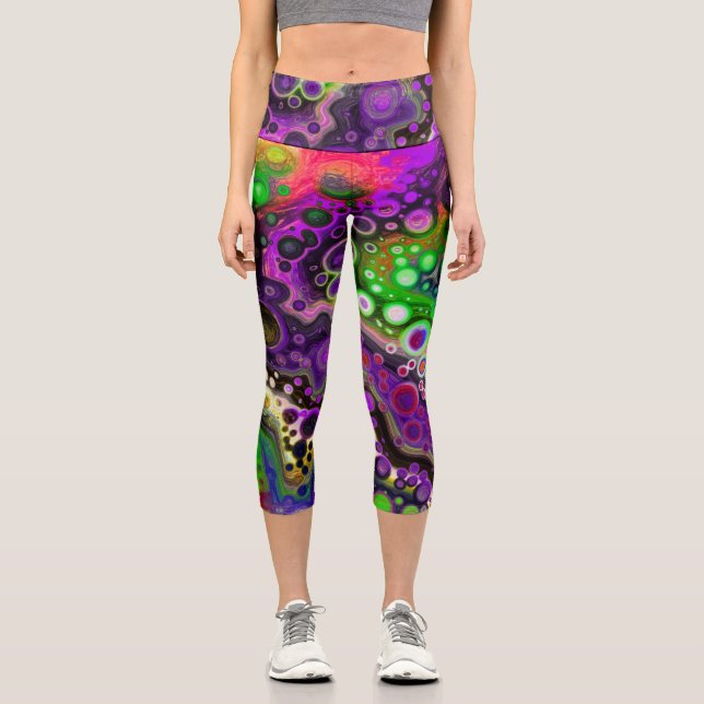 Purple, Lime Green and Black Marble Fluid Art    Capri Leggings (Front)