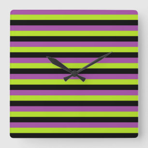Purple Lime Green and Black Stripes Square Wall Clock