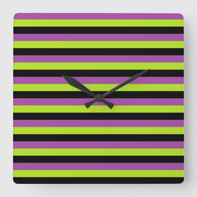 Purple Lime Green and Black Stripes Square Wall Clock (Front)