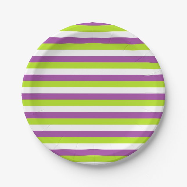 Purple, Lime Green and White Stripes Paper Plate (Front)