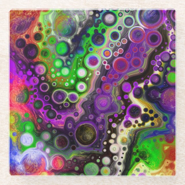 Purple, Lime Green, Black Fluid Art   Glass Coaster (Front)