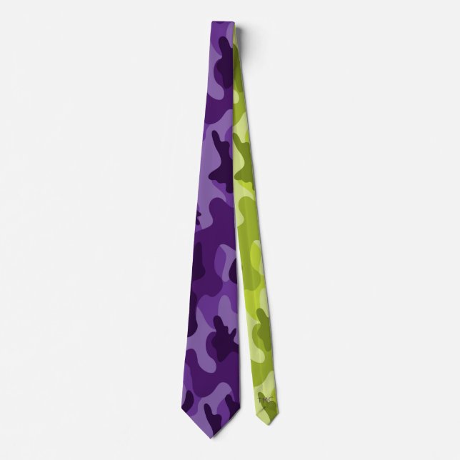 Purple Lime Green Camo Two Tone Modern Neck Tie (Front)