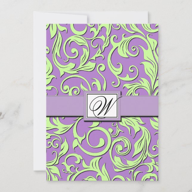 Purple & Lime Green Damask Wedding Invitations (Front)
