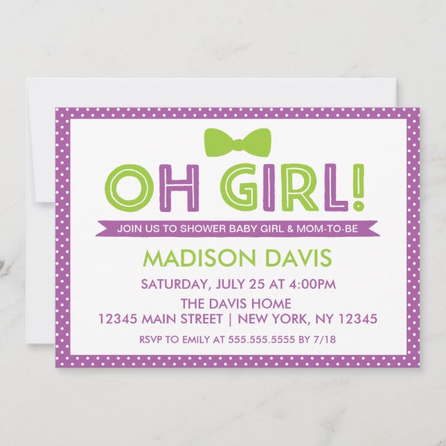 Purple & Lime Green Polka Dot Oh Girl Baby Shower Invitation (Front)