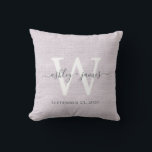 Purple Linen White Monogram Wedding Keepsake Cushion<br><div class="desc">Elegant wedding keepsake purple woven linen effect pillow with your text in dark grey chic handwritten script calligraphy. Simply add your names, monogram and wedding date. Great gift for a newlywed couple. Exclusively designed for you by Happy Dolphin Studio. If you need any help or matching products, please contact us...</div>