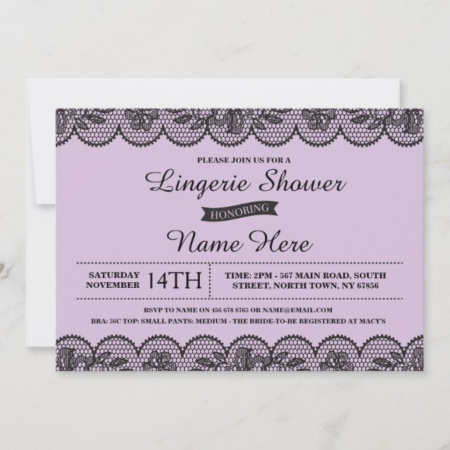 Purple Lingerie Bride Shower Invitation Lace Lilac (Front)