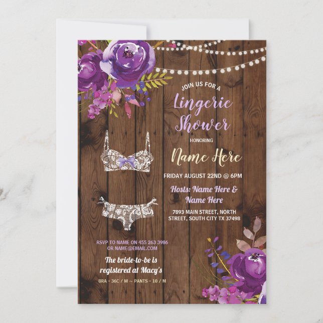Purple Lingerie Shower Bachelorette Wood Invite (Front)