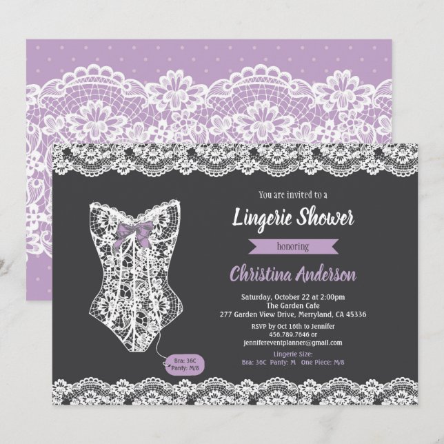 Purple lingerie shower invitation chalkboard lace (Front/Back)