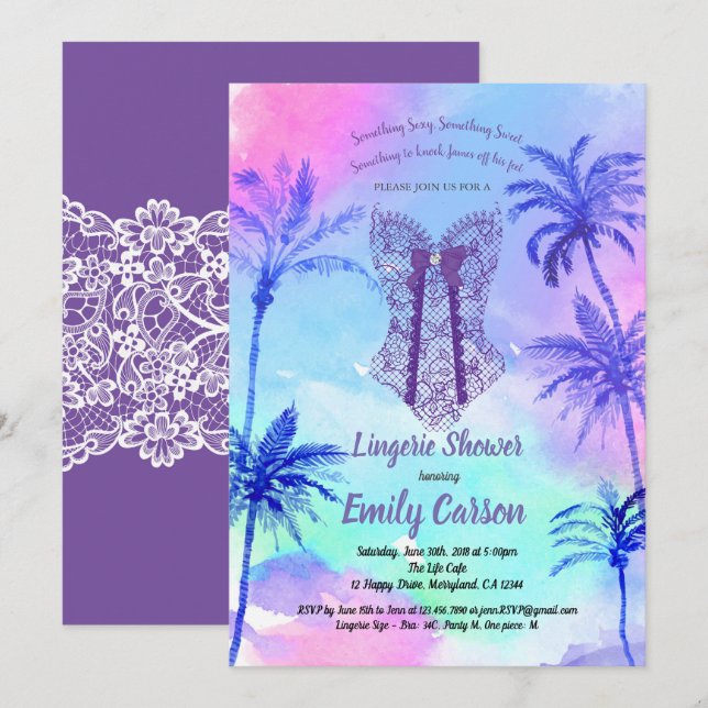 Purple lingerie shower. Tropical bridal party Invitation (Front/Back)