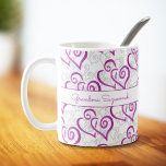 Purple Linked Heart Artwork Custom Mug<br><div class="desc">This fun design features two linked heart patterns. The top larger pattern purple heart and behind are linked black outlined hearts with template text on both sides of the handle. Personalise the text or click customise to select a font style, size, and colour you prefer. Select from a variety of...</div>