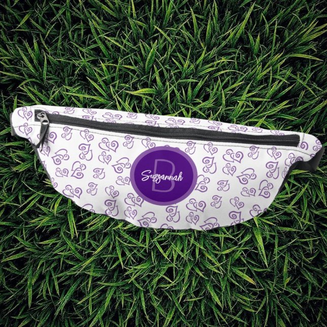 Purple Linked Heart Pattern with Initial Monogram Bum Bags (template name & initial letter monogram fanny pack front)