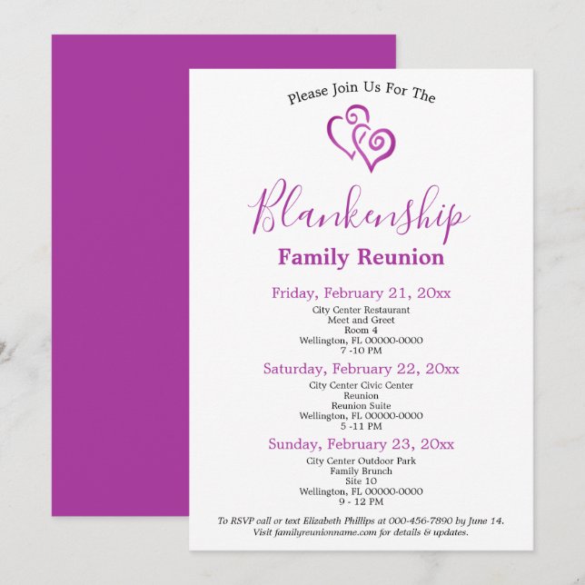 Purple Linked Hearts Family Reunion Template (Front/Back)