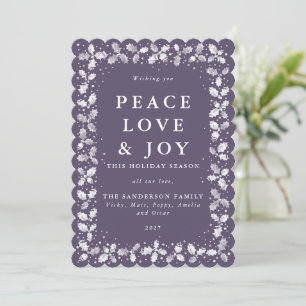 Purple Lino Print Holly+Berries Border Flat Holiday Card