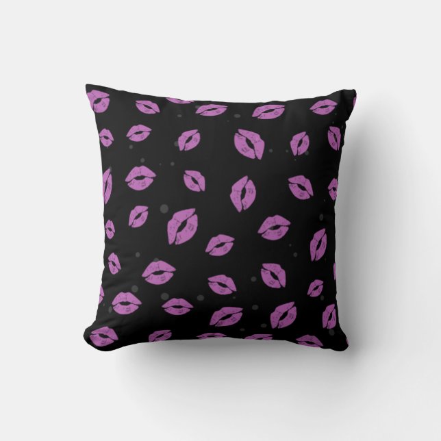 Purple Lipstick Kisses on Black Background Pattern Cushion (Front)