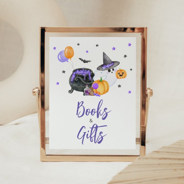 Purple Little Boo Baby Shower Books and Gifts Poster (Ghost Halloween Baby Shower Books and Gifts Sign)