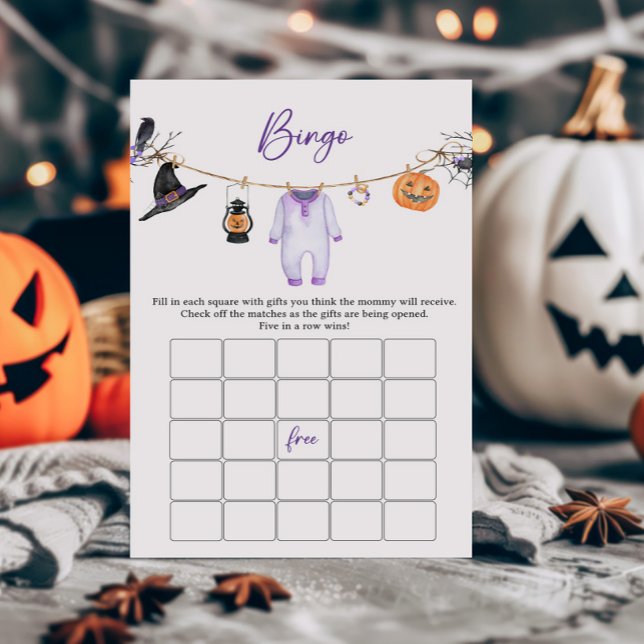 Purple Little Boo Halloween Baby Shower Bingo Game (Halloween Baby Clothes Baby Shower Bingo Game)