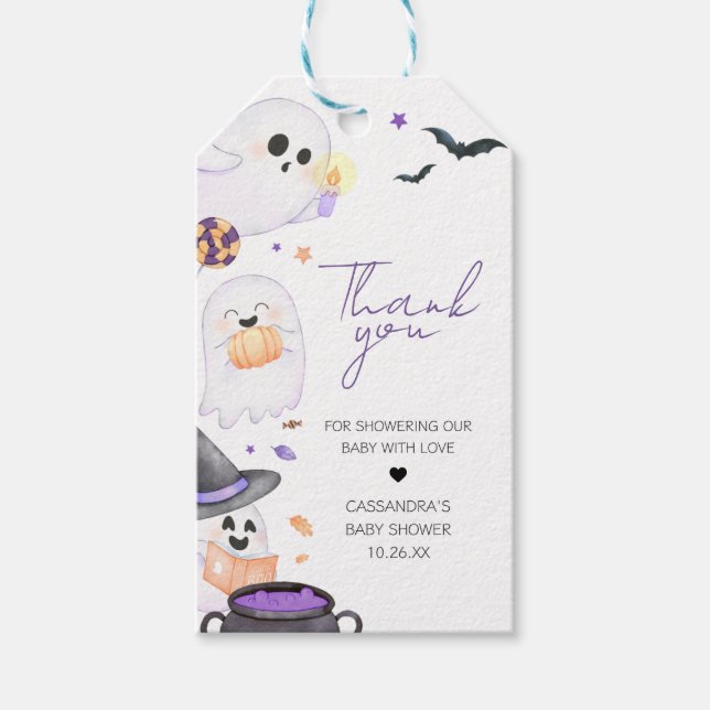 Purple Little Boo Halloween Baby Shower Favour Tag (Front)