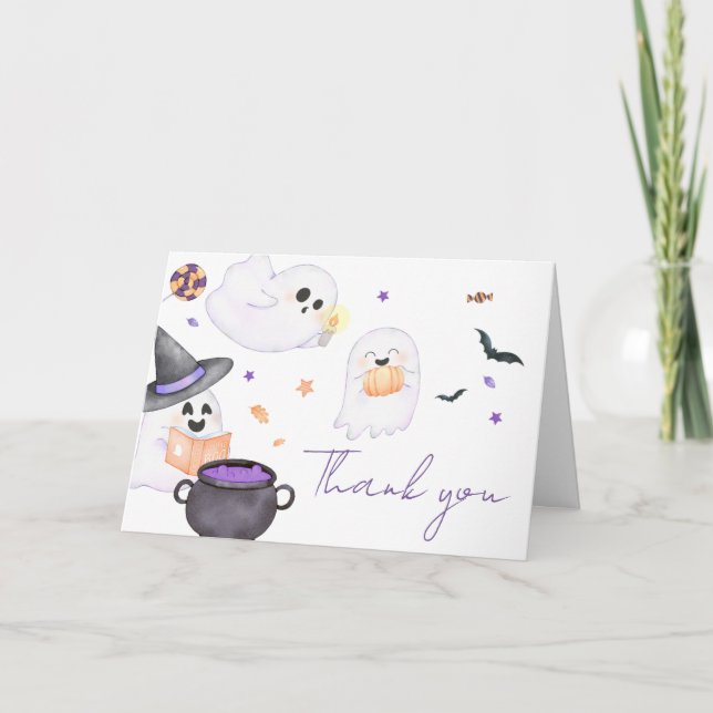 Purple Little Boo Halloween Baby Shower  Thank You Card (Front)