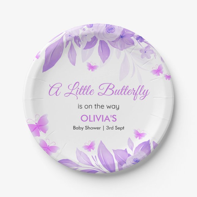 Purple Little Butterfly is on the Way Baby Shower  Paper Plate (Front)
