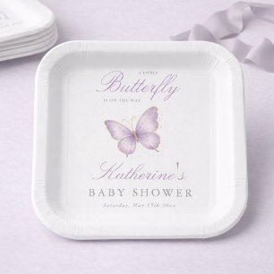 Purple Little Butterfly On The Way Baby Shower Paper Plate